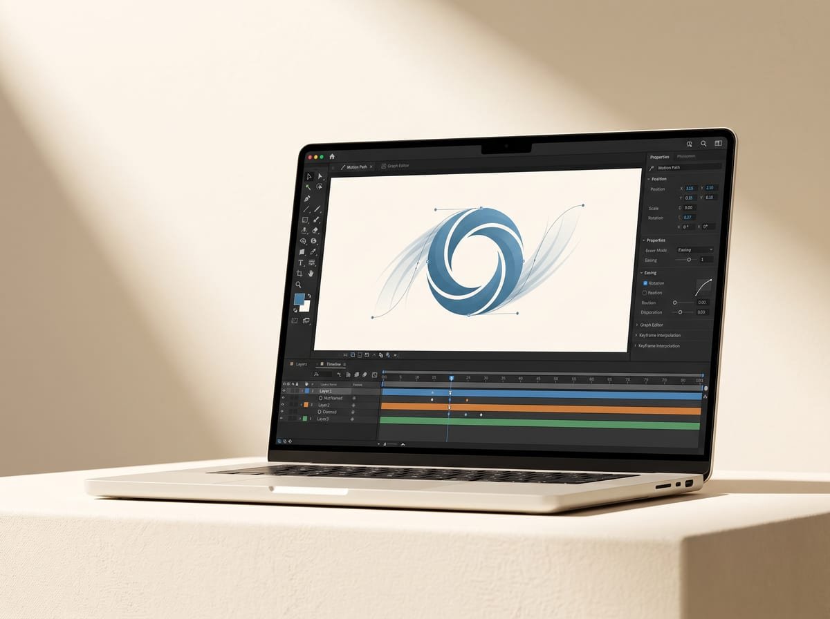 Laptop con software de animación y un logo azul en movimiento