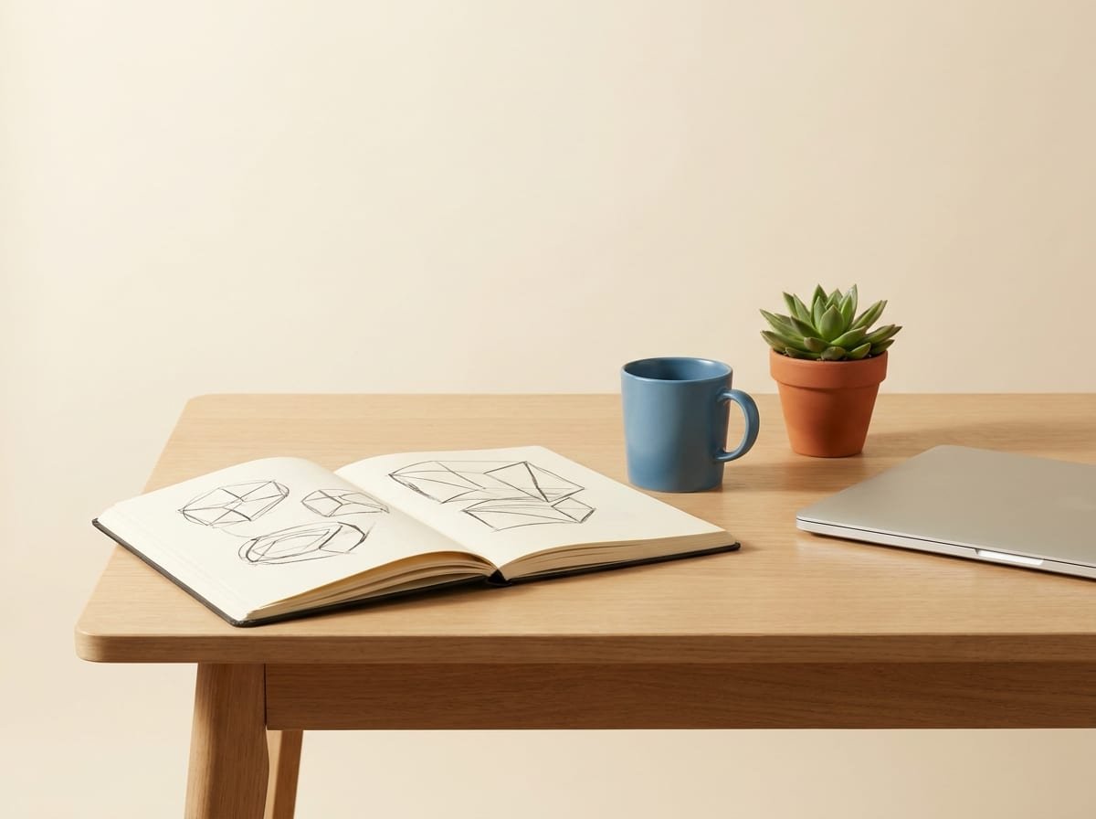 Escritorio de consultoría con cuaderno de bocetos y laptop