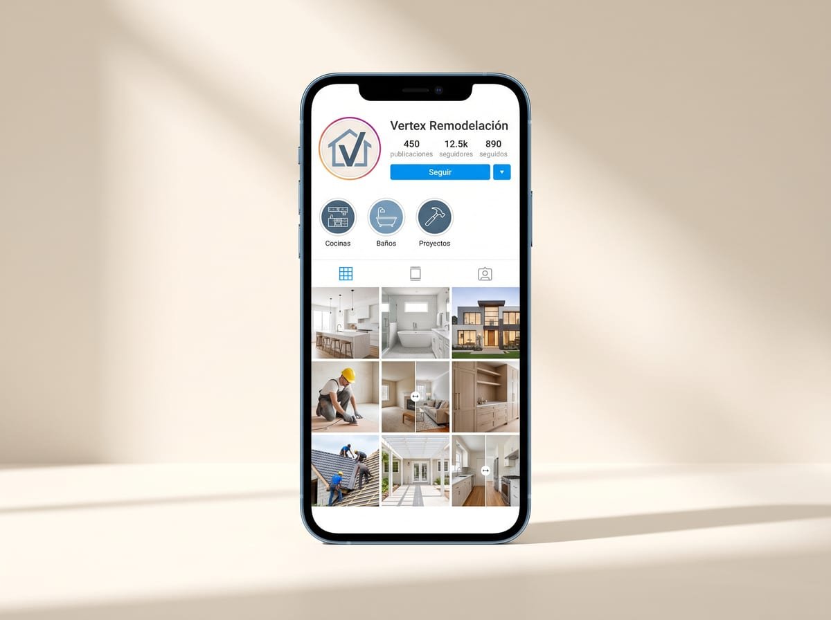 Teléfono con el perfil de redes de una empresa y parrilla de fotos reales